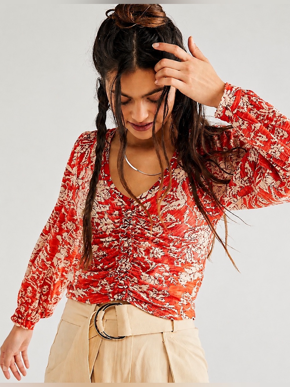 FREE PEOPLE Say The Word Boho Floral Blouse - Size M - Ruby Red Cropped Top